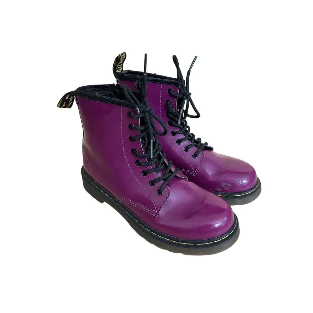Dr. Martens Delaney Purple Patent Leather Combat Boots Youth Girls Zip Lace